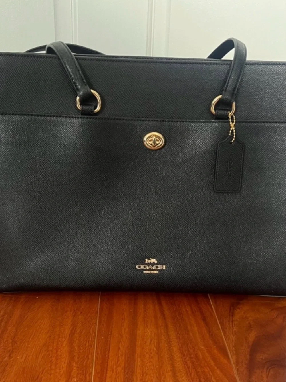 Coach Black Pebbled Leather Tote with Turn-Lock Charm